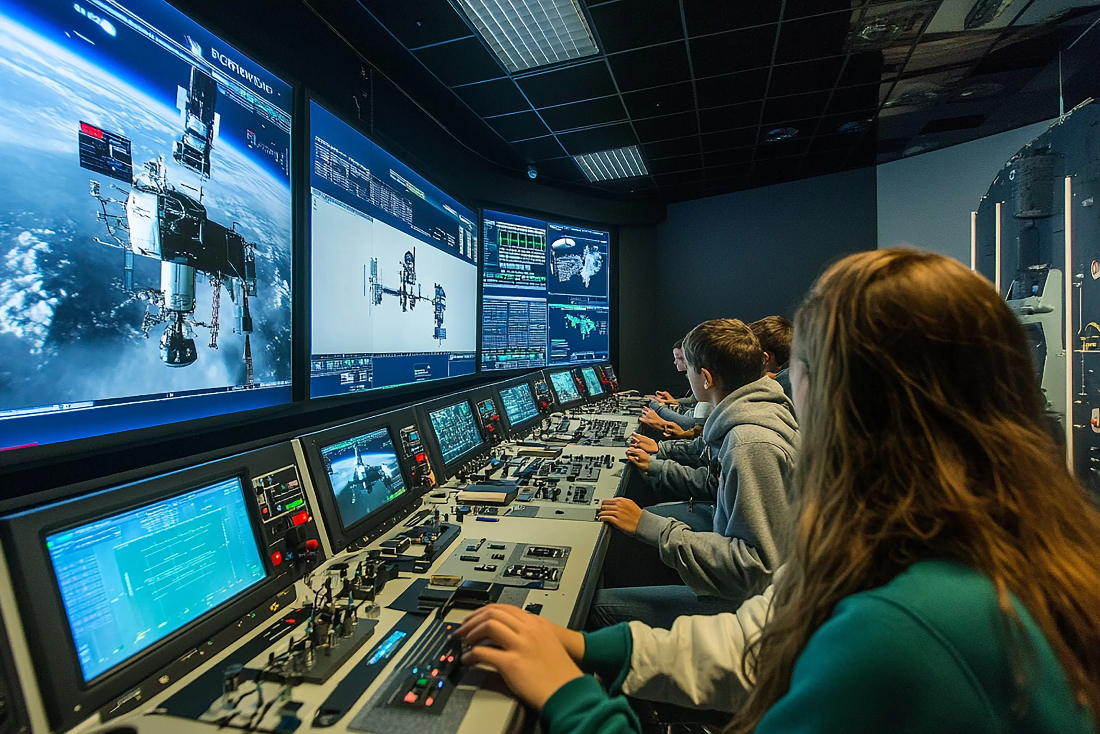 In einem kontrollraumartigen Labor simulieren Studierende Missionen.