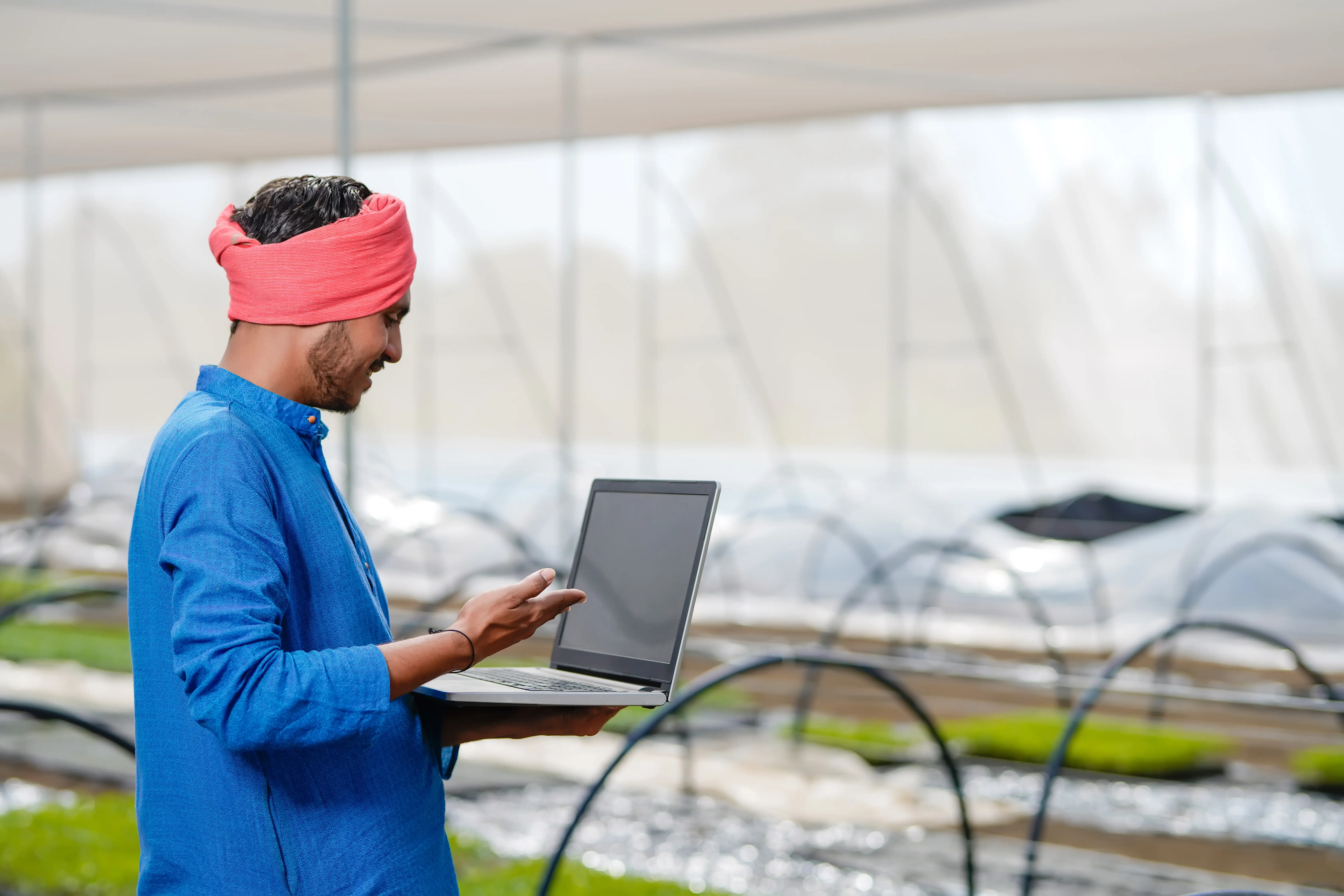 Junger indischer Landwirt benutzt einen Laptop in einem Gewächshaus oder Polyhaus.