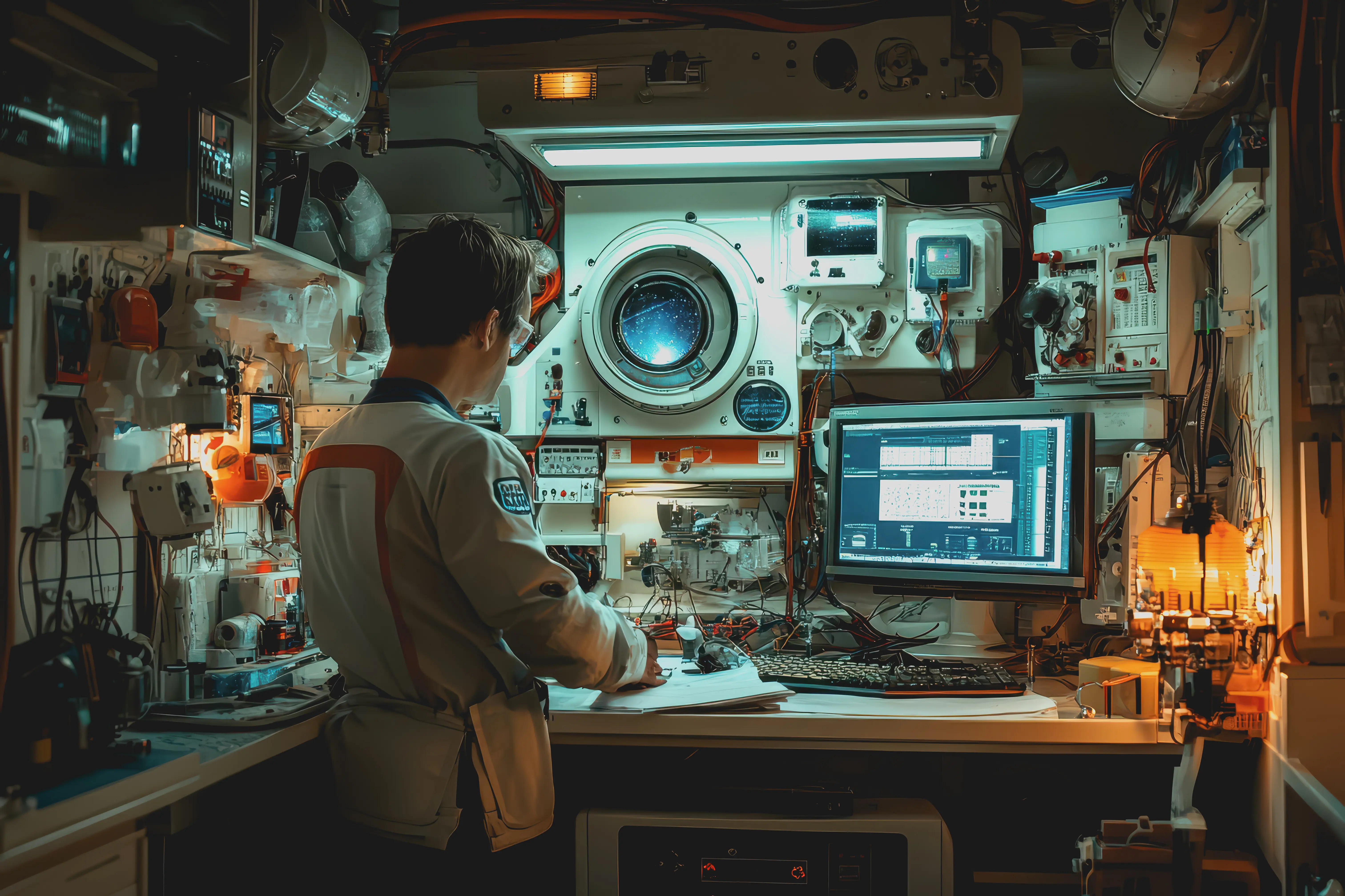 Ein Engineering-Manager überwacht und steuert mithilfe von Software ein Automatisierungssystem für Roboterarme in einer Fabrik.