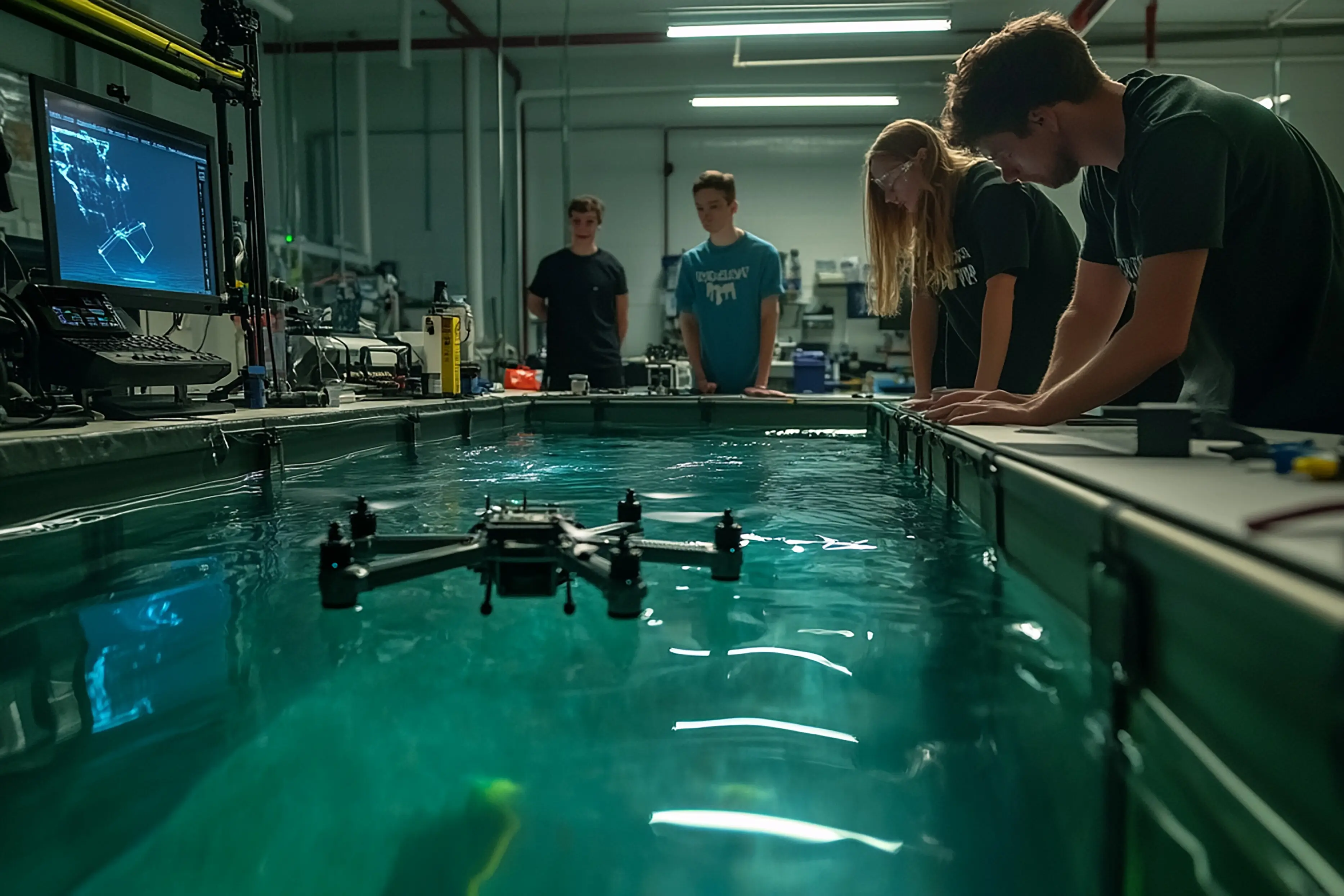 Studierende bei der Arbeit in einem fortschrittlichen Labor für Unterwasserrobotik.